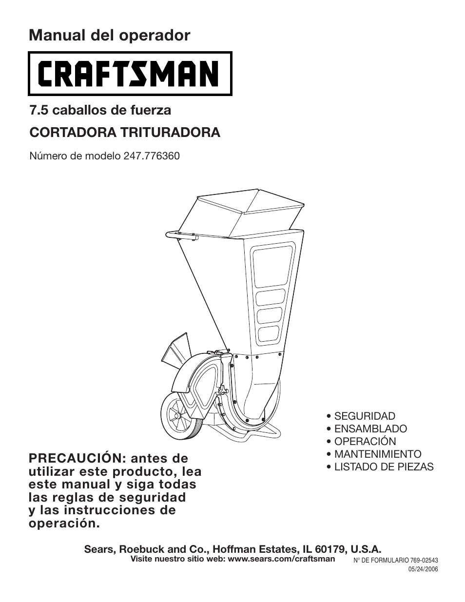 Manual del operador, 5 caballos de fuerza cortadora trituradora | Craftsman 247.77636 User Manual | Page 21 / 40