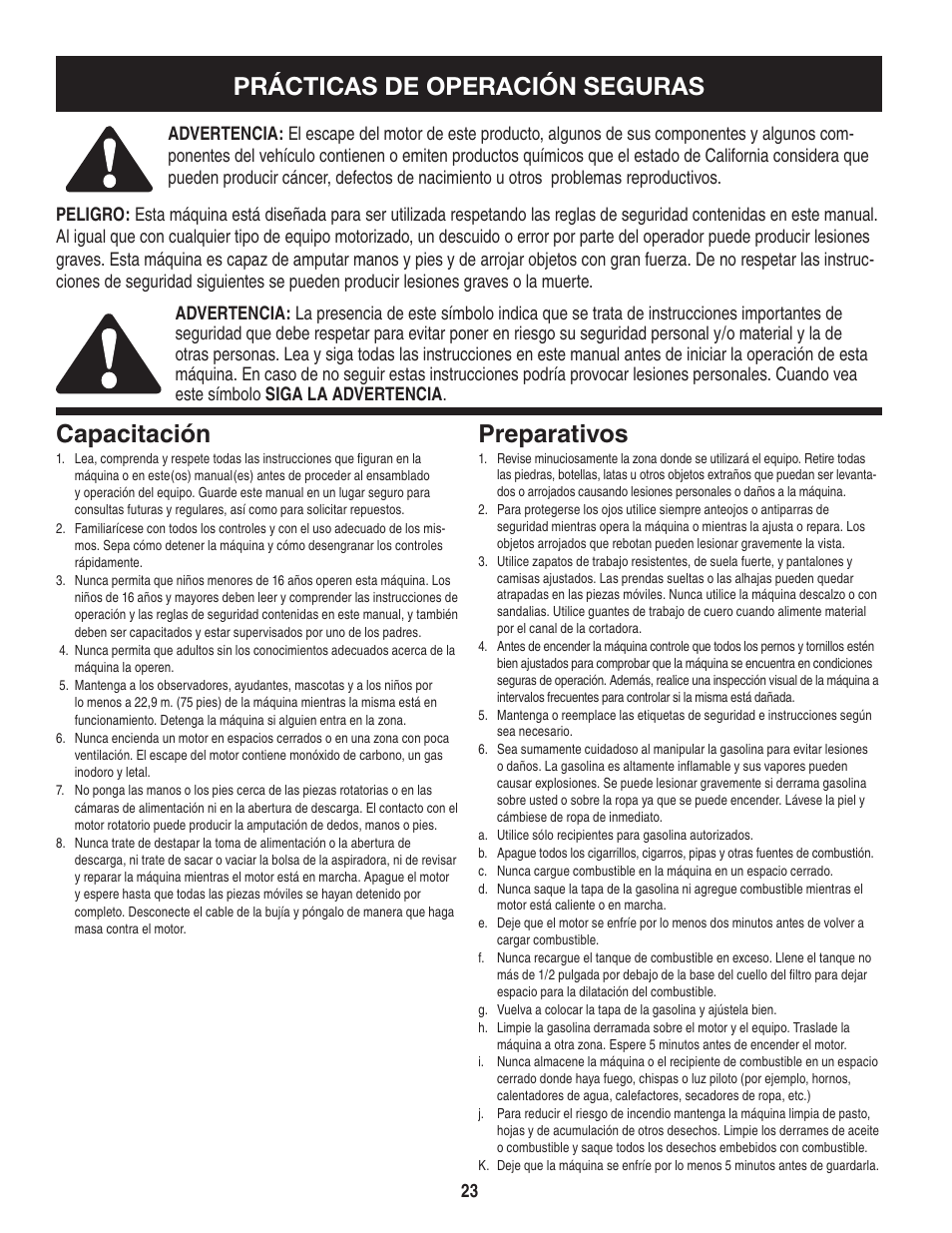 Prácticas de operación seguras capacitación, Preparativos | Craftsman 247.77636 User Manual | Page 23 / 40