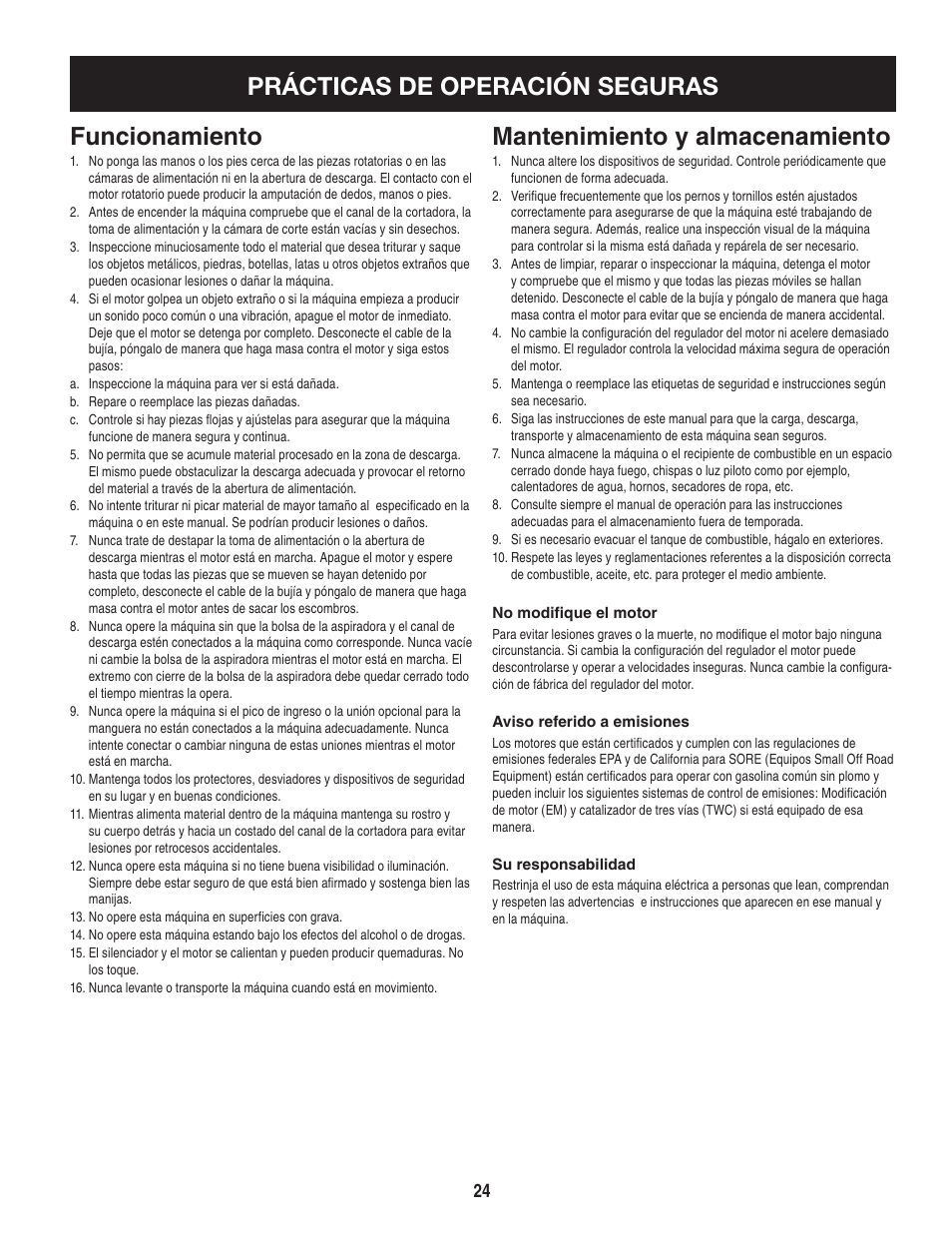 Prácticas de operación seguras funcionamiento, Mantenimiento y almacenamiento | Craftsman 247.77636 User Manual | Page 24 / 40