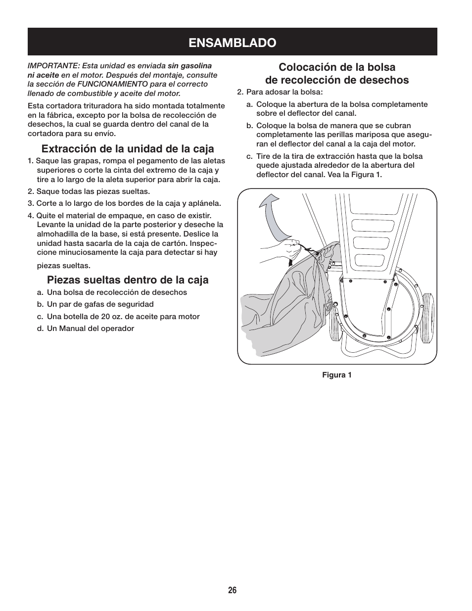 Ensamblado, Extracción de la unidad de la caja, Piezas sueltas dentro de la caja | Colocación de la bolsa de recolección de desechos | Craftsman 247.77636 User Manual | Page 26 / 40