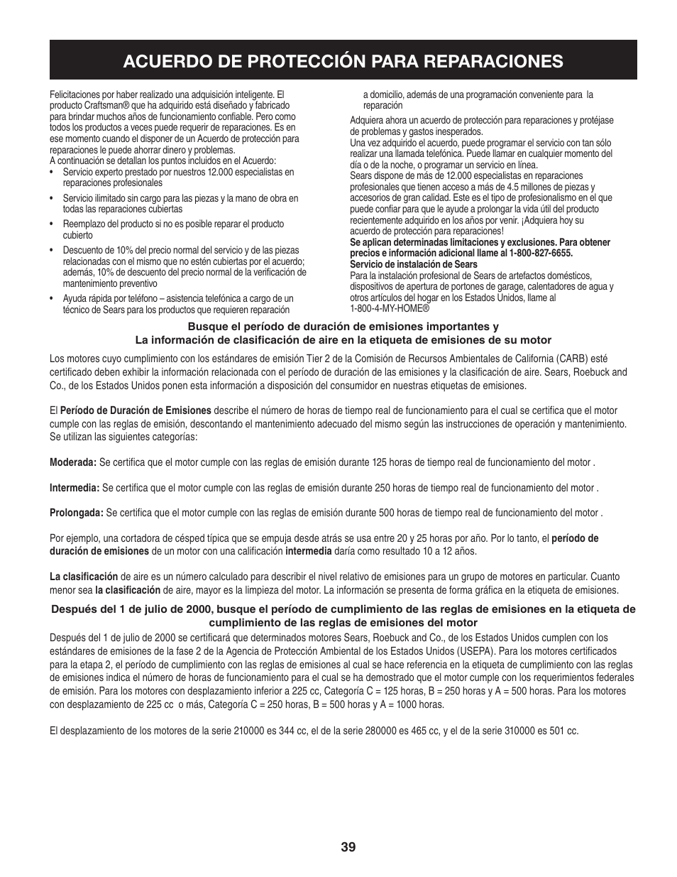 Acuerdo de protección para reparaciones | Craftsman 247.77636 User Manual | Page 39 / 40