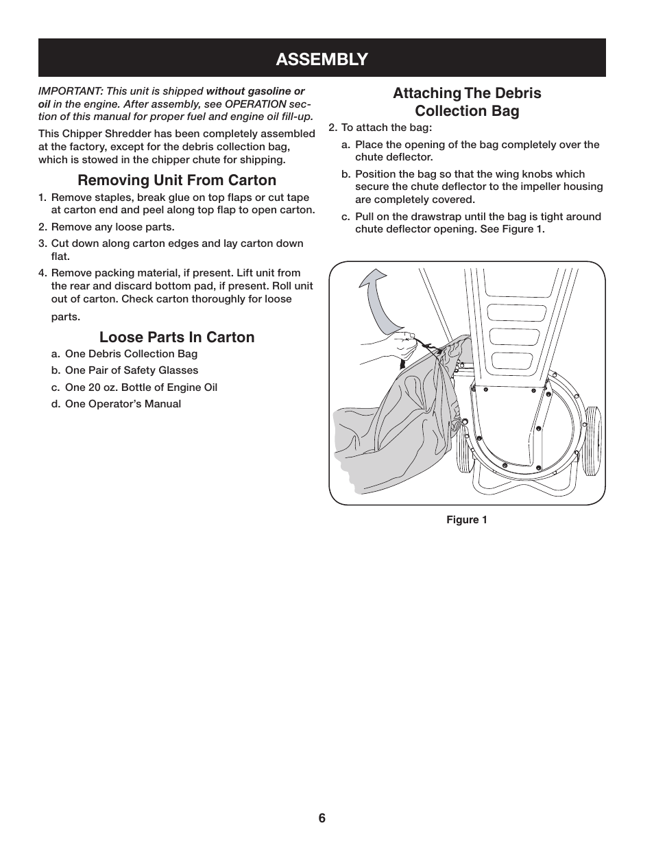 Assembly, Removing unit from carton, Loose parts in carton | Attaching the debris collection bag | Craftsman 247.77636 User Manual | Page 6 / 40