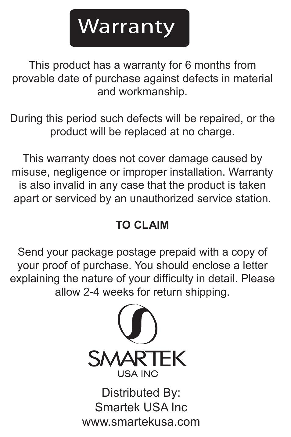 Warranty | Smartek ST-72 User Manual | Page 4 / 4