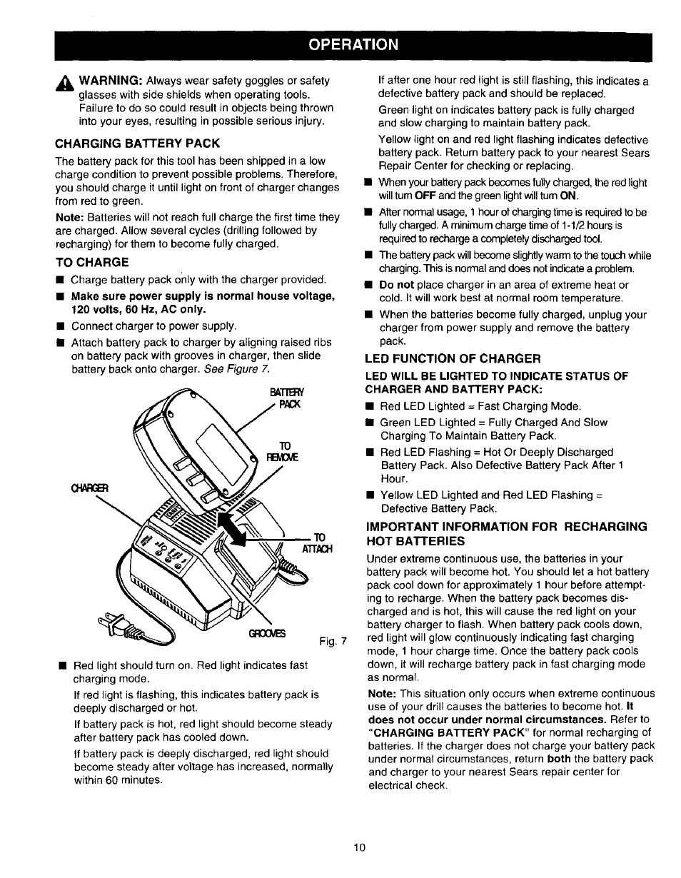Charging battery pack, To charge, Led function of charger | Important information for recharging hot batteries, Operation | Craftsman 315.271220 User Manual | Page 10 / 18