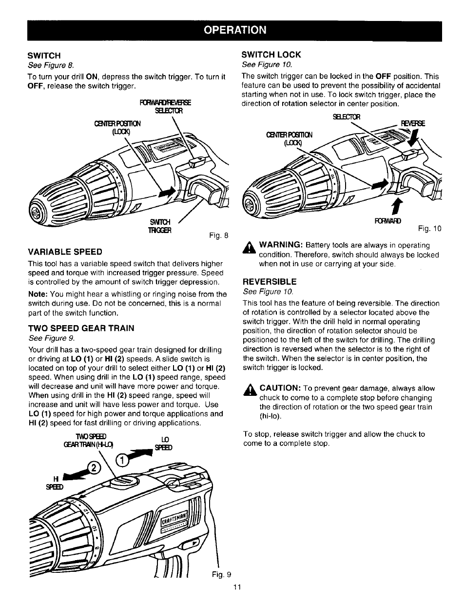 Switch, Switch lock, Variable speed | Two speed gear train, Reversible, Operation | Craftsman 315.271220 User Manual | Page 11 / 18