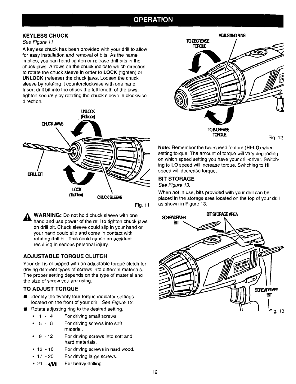 Keyless chuck, Adjustable torque clutch, To adjust torque | Bit storage, Operation | Craftsman 315.271220 User Manual | Page 12 / 18