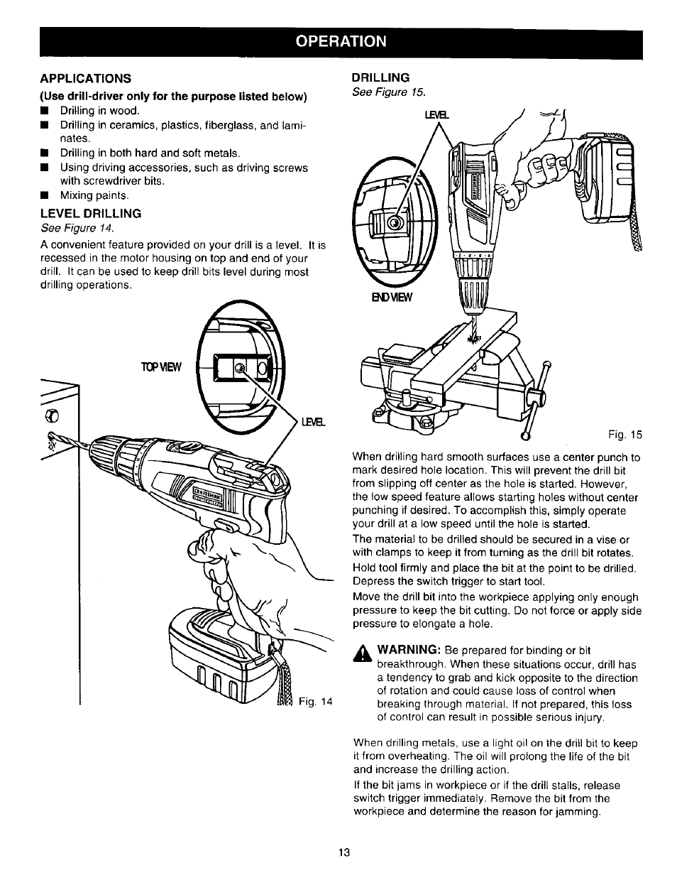 Applications, Level drilling, Drilling | Operation | Craftsman 315.271220 User Manual | Page 13 / 18