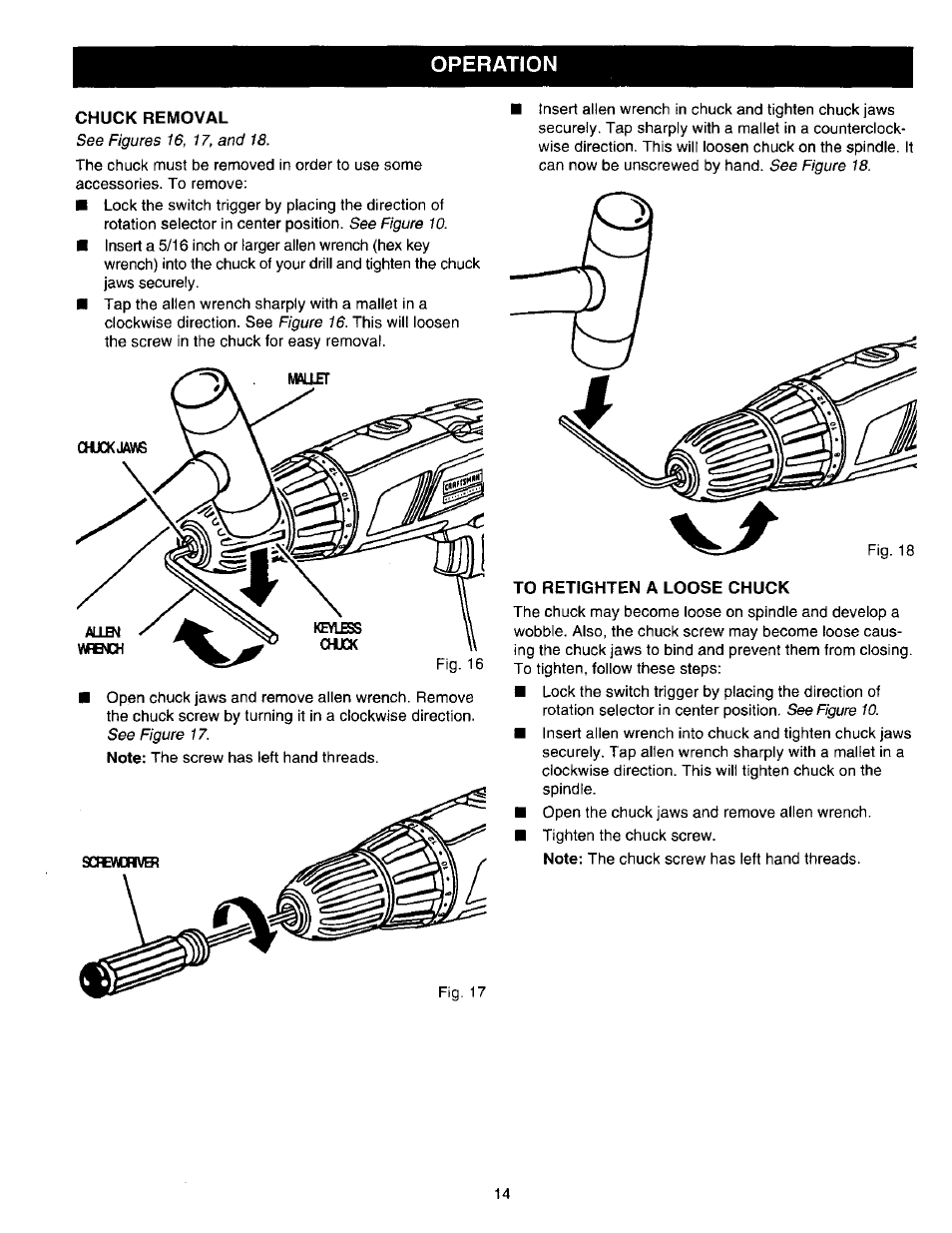 Chuck removal, To retighten a loose chuck, Operation | Craftsman 315.271220 User Manual | Page 14 / 18