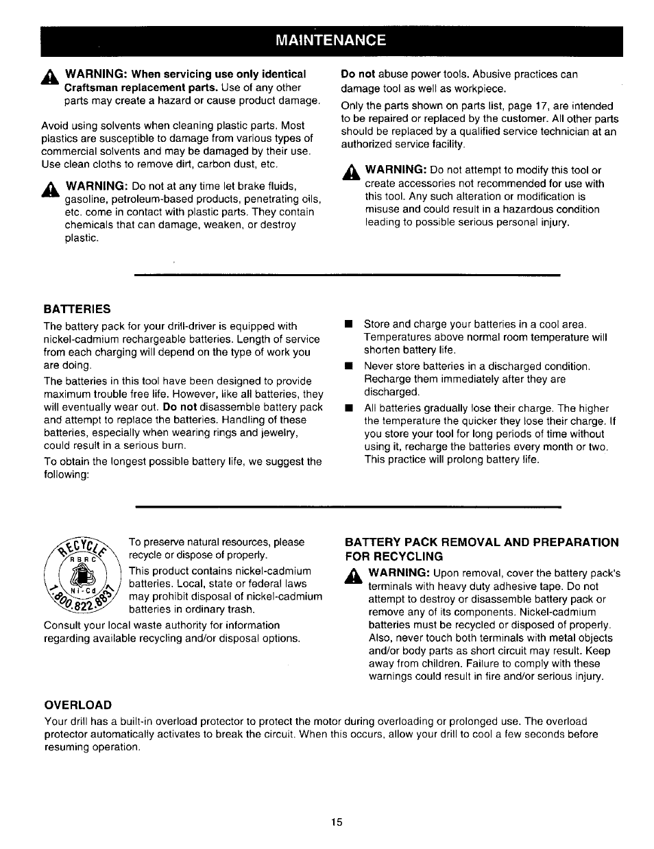 Batteries, Battery pack removal and preparation for recycling, Overload | Maintenance | Craftsman 315.271220 User Manual | Page 15 / 18