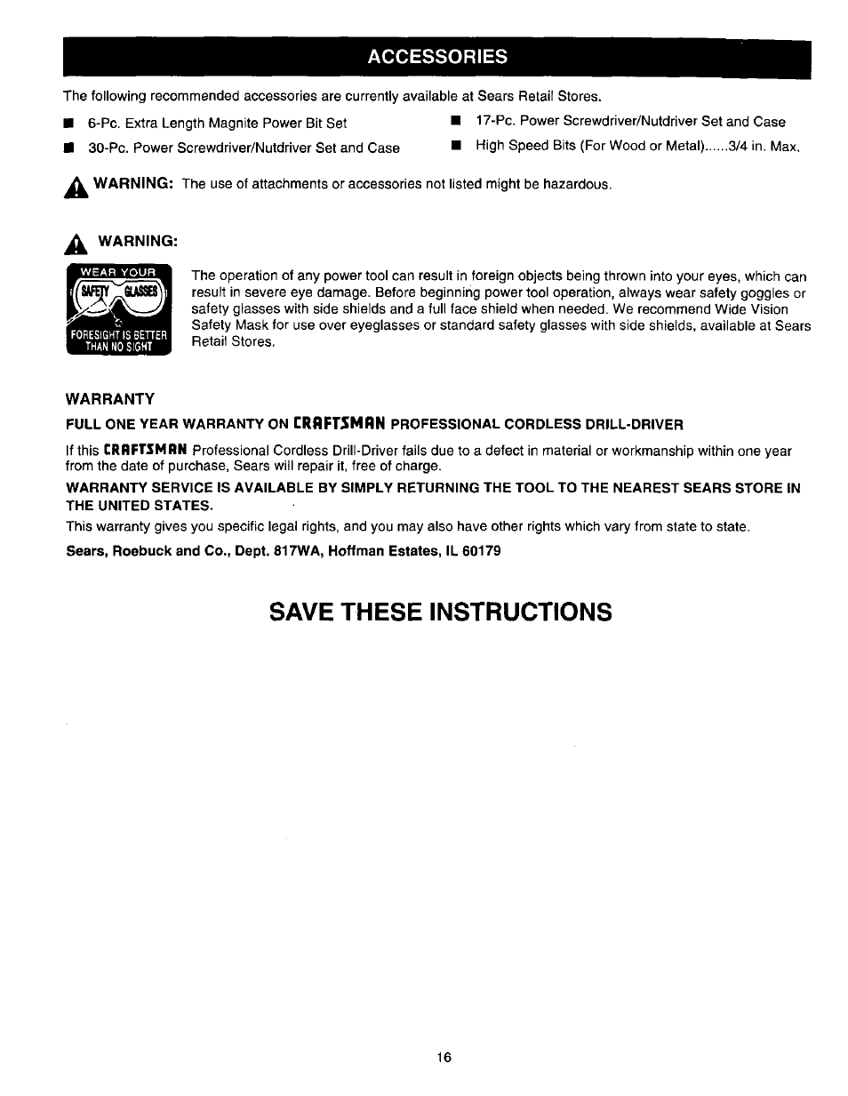 Warranty, Save these instructions, Accessories | Craftsman 315.271220 User Manual | Page 16 / 18