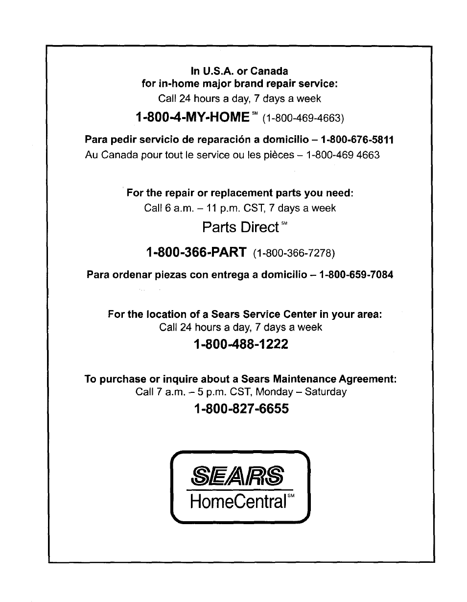 Parts direct, 800-4-my-home | Craftsman 315.271220 User Manual | Page 18 / 18