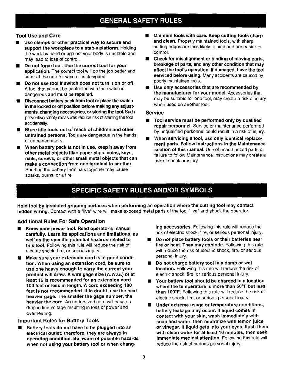 Tool use and care, Service, Additional rules for safe operation | Important rules for battery tools, Specific safety rules and/or symbols, General safety rules | Craftsman 315.271220 User Manual | Page 3 / 18