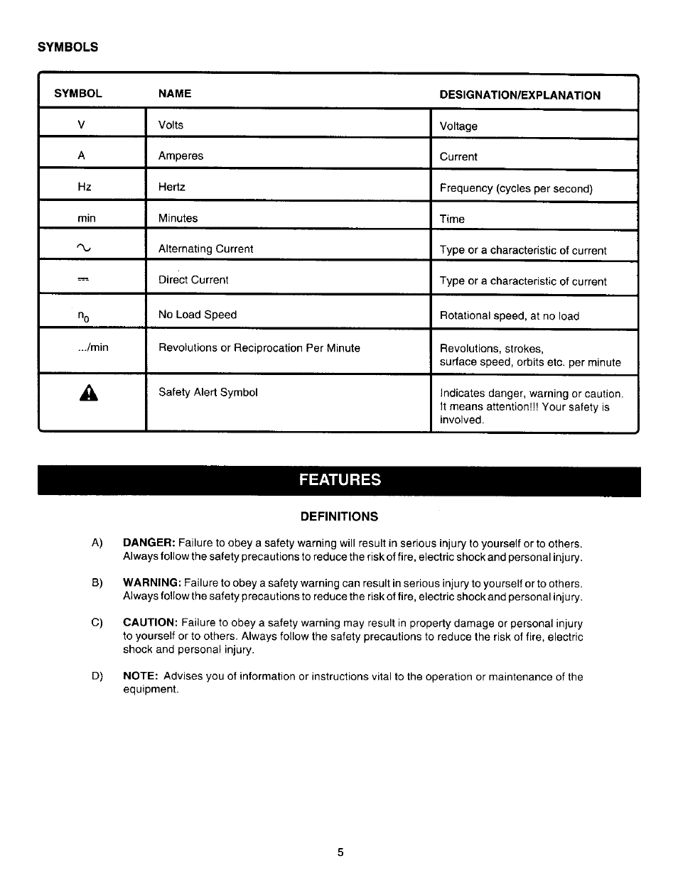 Definitions, Features | Craftsman 315.271220 User Manual | Page 5 / 18