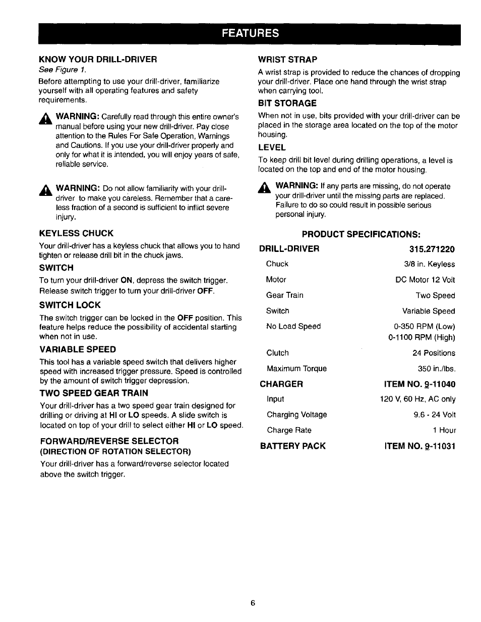 Know your drill-driver, Wrist strap, Bit storage | Level, Features | Craftsman 315.271220 User Manual | Page 6 / 18