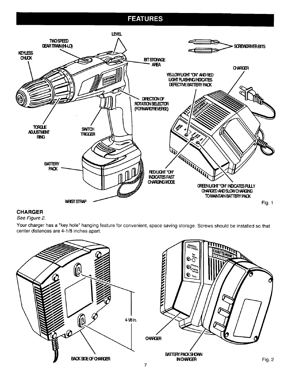 Charger, Features, Lb/b | Bt storage area, Charangmode | Craftsman 315.271220 User Manual | Page 7 / 18