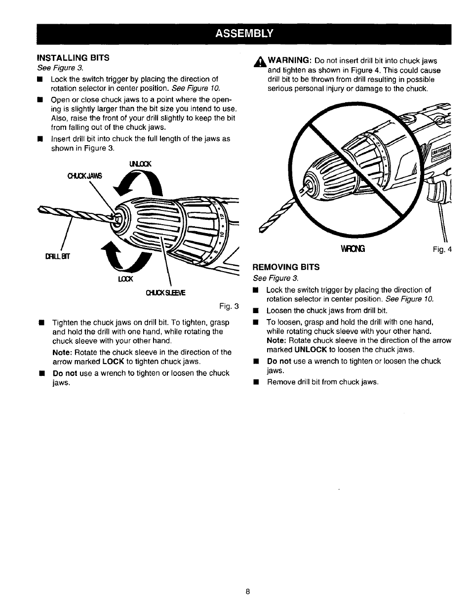 Installing bits, V№0ng, Removing bits | Assembly | Craftsman 315.271220 User Manual | Page 8 / 18