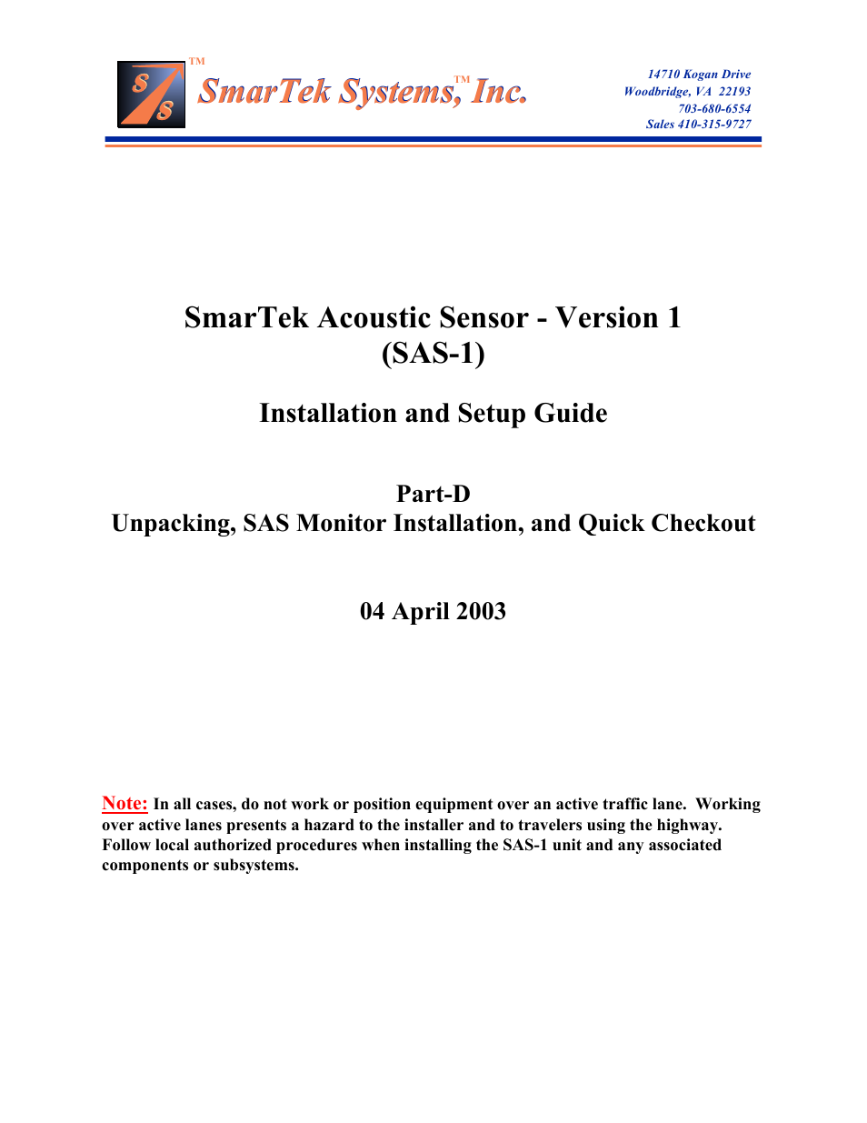 SmarTek Systems SAS-1 Unpacking SAS Monitor Installation User Manual | 6 pages