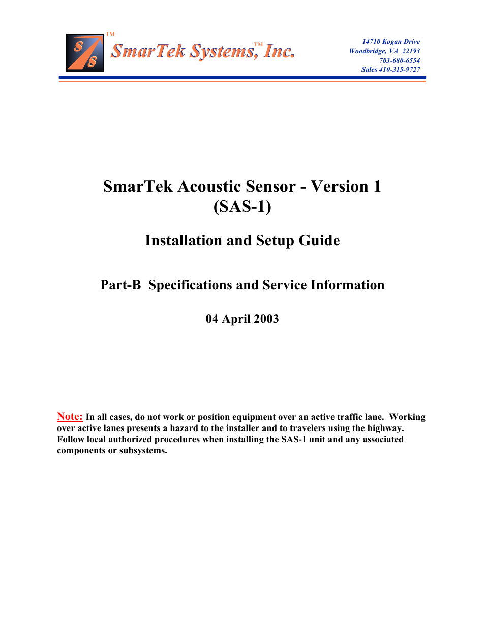 SmarTek Systems SAS-1 Specifications and Service Information User Manual | 4 pages