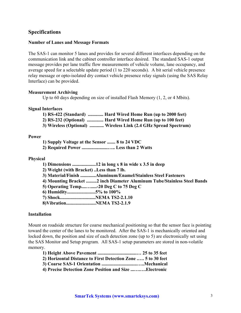 SmarTek Systems SAS-1 Specifications and Service Information User Manual | Page 3 / 4