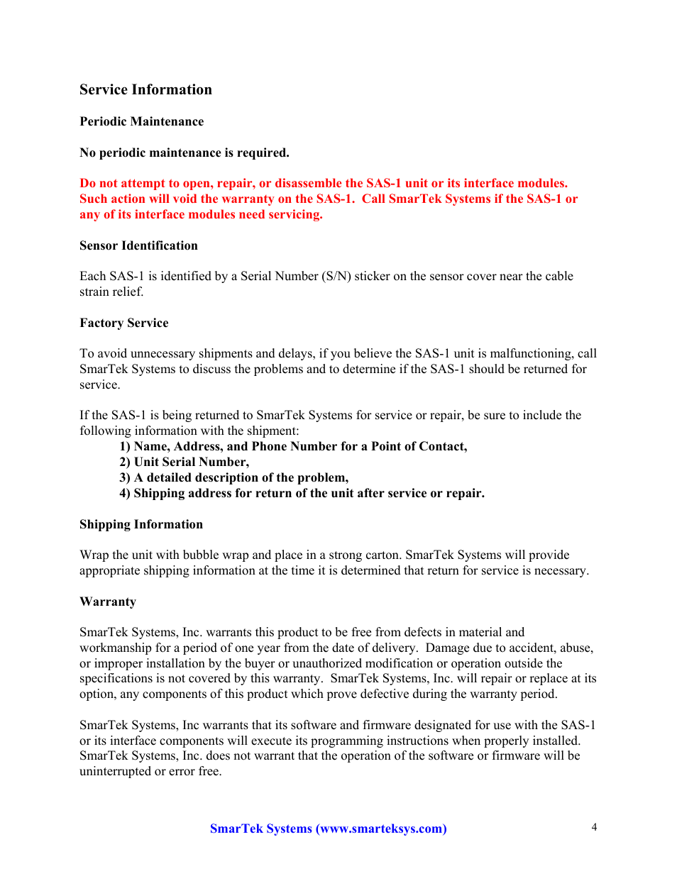 SmarTek Systems SAS-1 Specifications and Service Information User Manual | Page 4 / 4