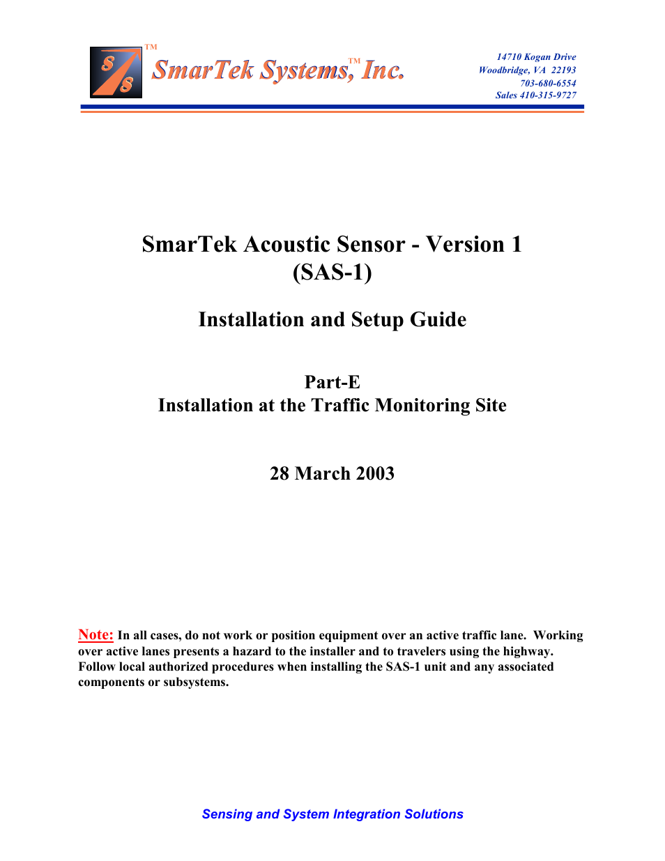 SmarTek Systems SAS-1 Installation at the Traffic Monitoring Site User Manual | 8 pages