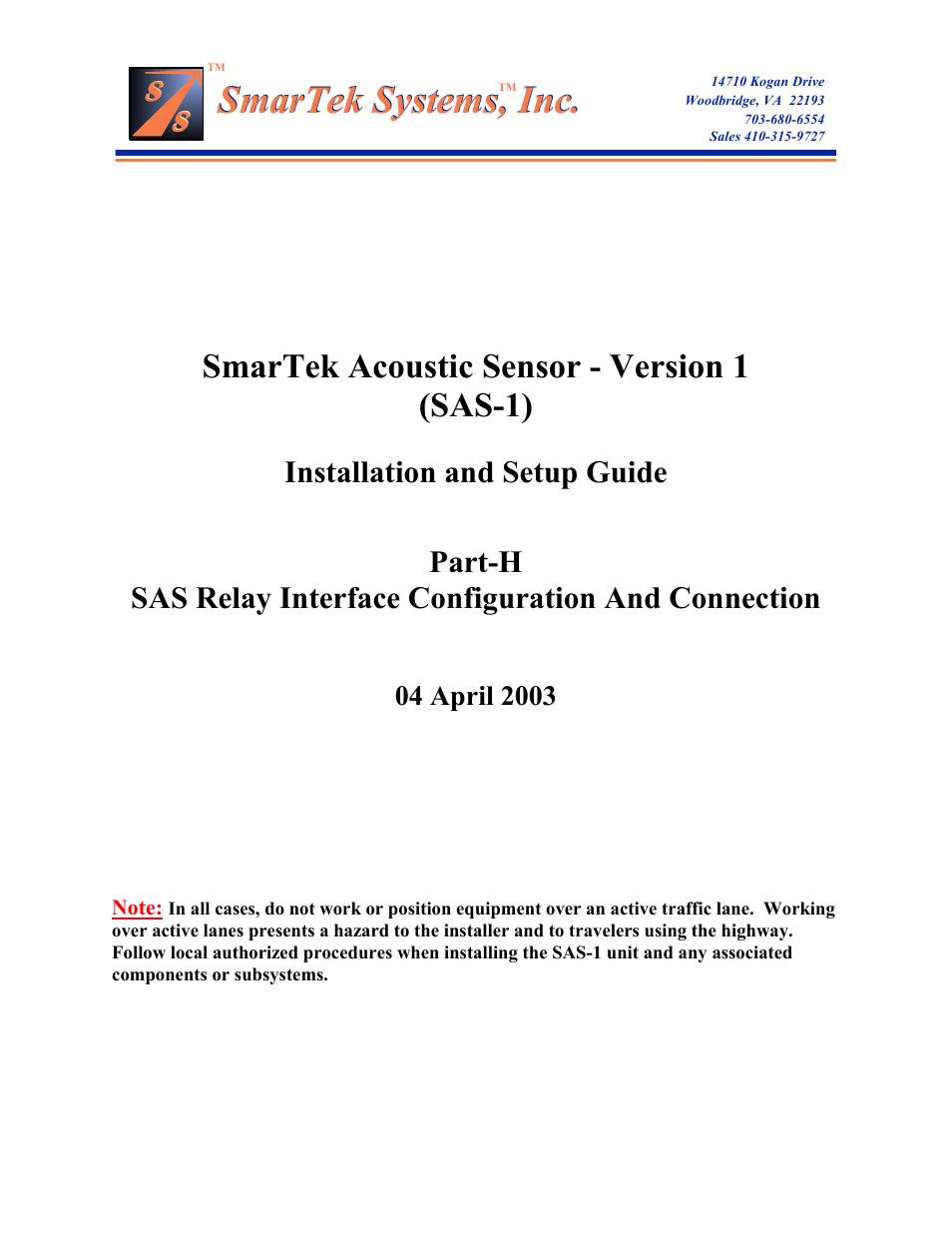 SmarTek Systems SAS-1 Relay Interface Configuration And Connection User Manual | 8 pages