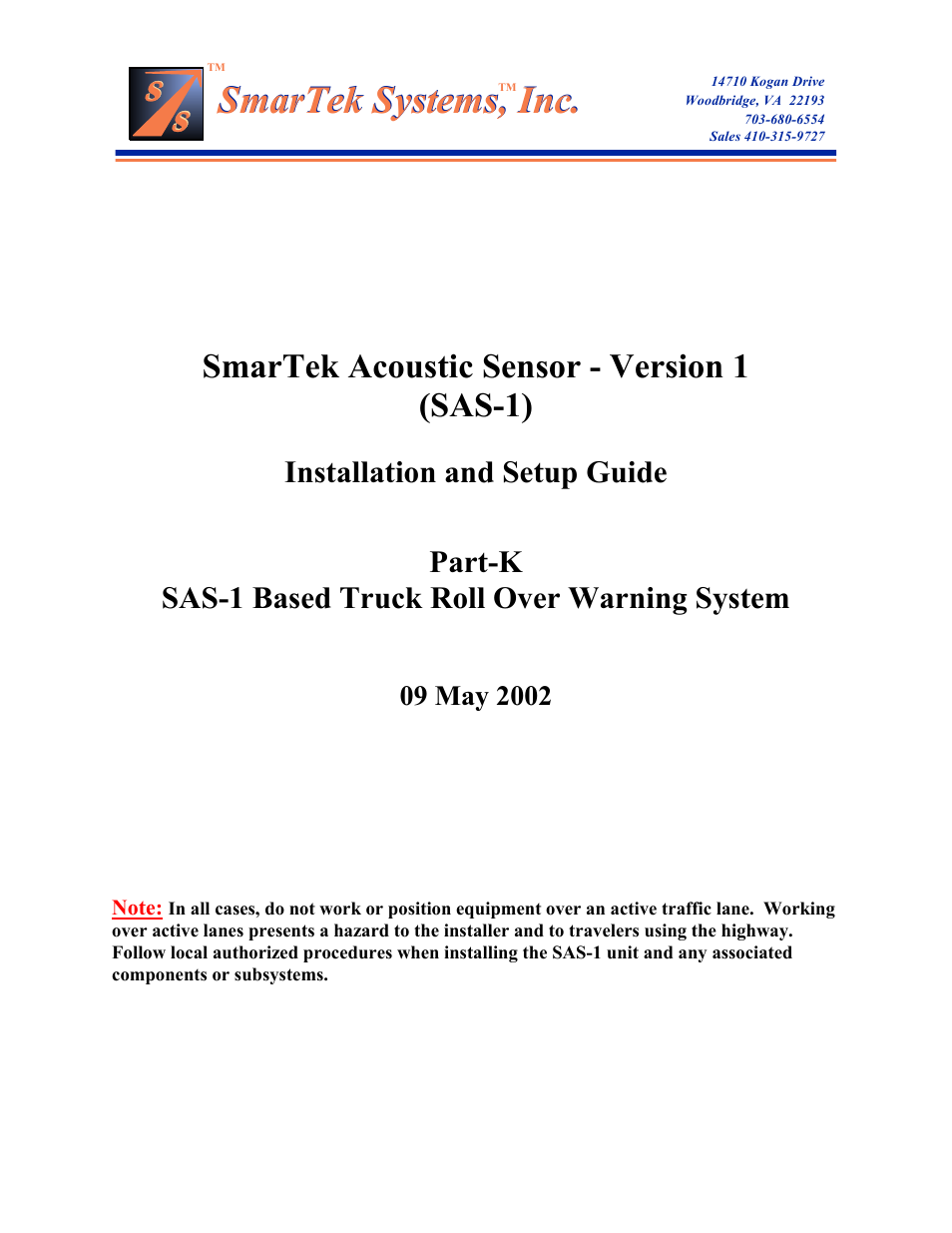 SmarTek Systems SAS-1 Based Truck Roll Over Warning System User Manual | 6 pages