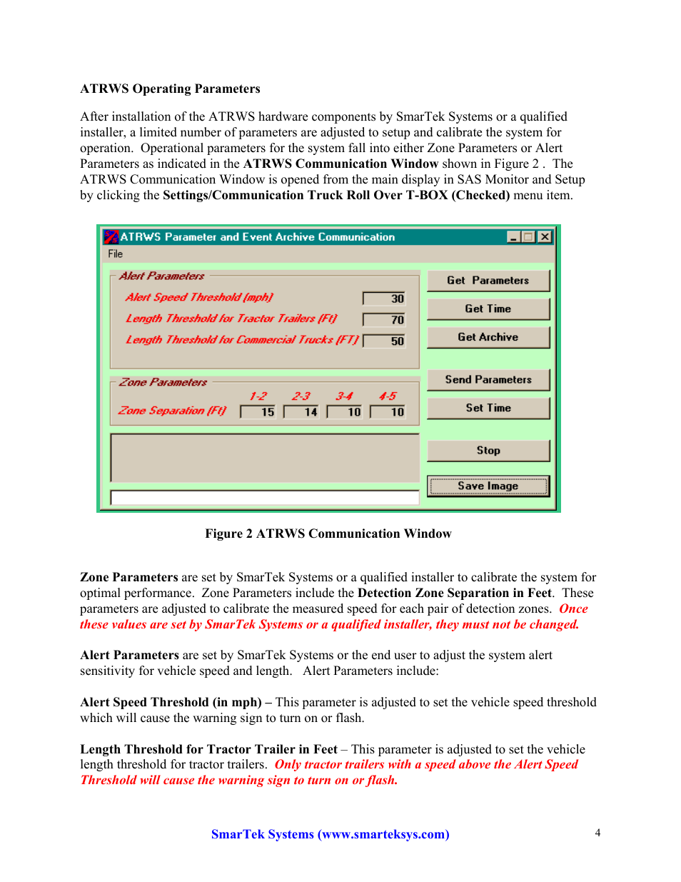 Atrws operating parameters | SmarTek Systems SAS-1 Based Truck Roll Over Warning System User Manual | Page 4 / 6