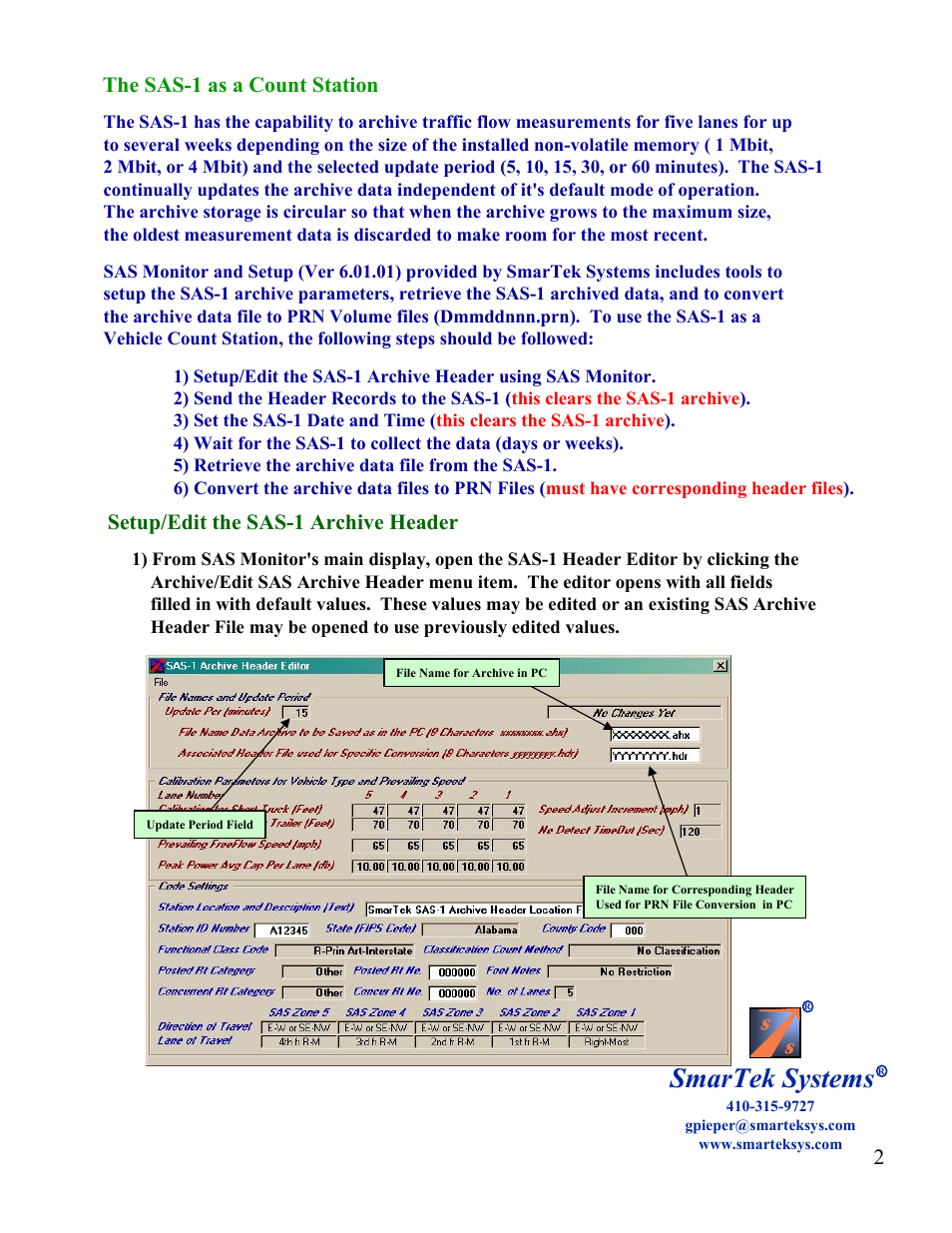 Smartek systems, 2the sas-1 as a count station, Setup/edit the sas-1 archive header | SmarTek Systems SAS-1 as a Count Station And Converting User Manual | Page 2 / 6