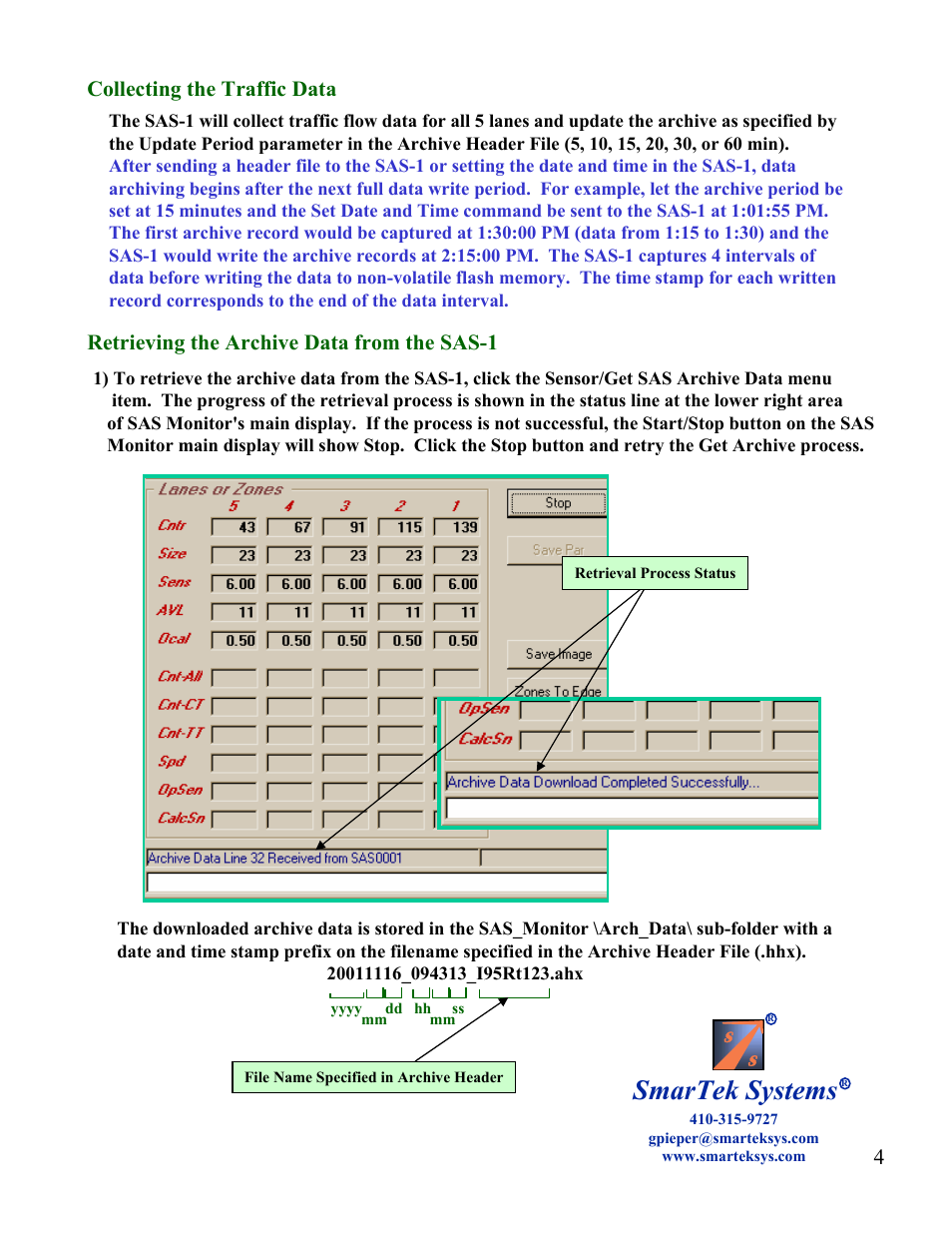 Smartek systems, 4collecting the traffic data, Retrieving the archive data from the sas-1 | SmarTek Systems SAS-1 as a Count Station And Converting User Manual | Page 4 / 6