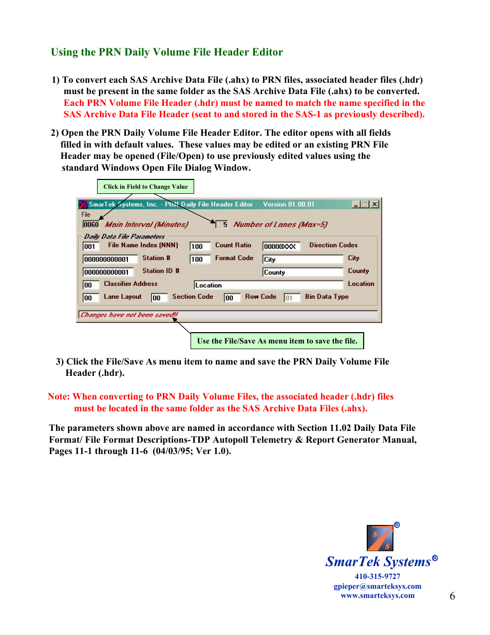 Smartek systems, 6using the prn daily volume file header editor | SmarTek Systems SAS-1 as a Count Station And Converting User Manual | Page 6 / 6