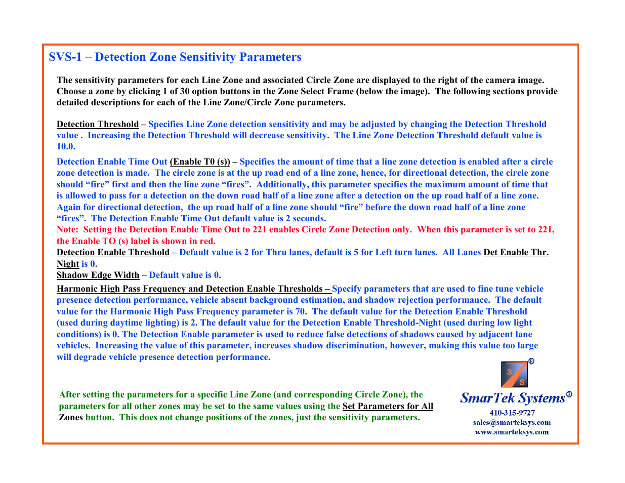 Svs-1 – detection zone sensitivity parameters | SmarTek Systems SVS-1 User Guide-Part B User Manual | Page 42 / 45