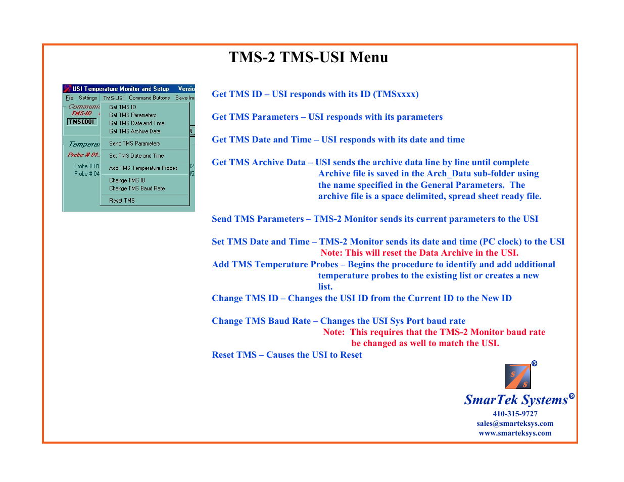 Tms-2 tms-usi menu, Smartek systems | SmarTek Systems TMS-2 User Manual | Page 17 / 18