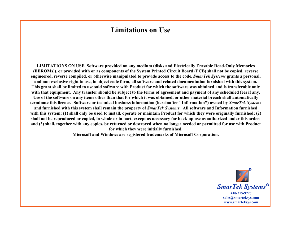 Limitations on use, Smartek systems | SmarTek Systems TMS-2 User Manual | Page 3 / 18