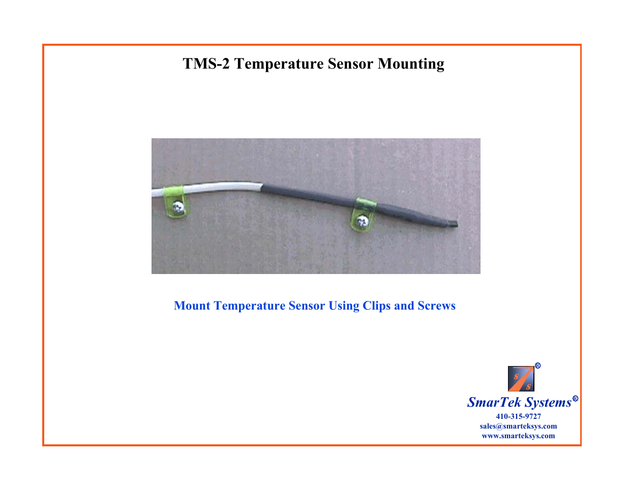 Tms-2 temperature sensor mounting, Smartek systems, Mount temperature sensor using clips and screws | SmarTek Systems TMS-2 User Manual | Page 6 / 18