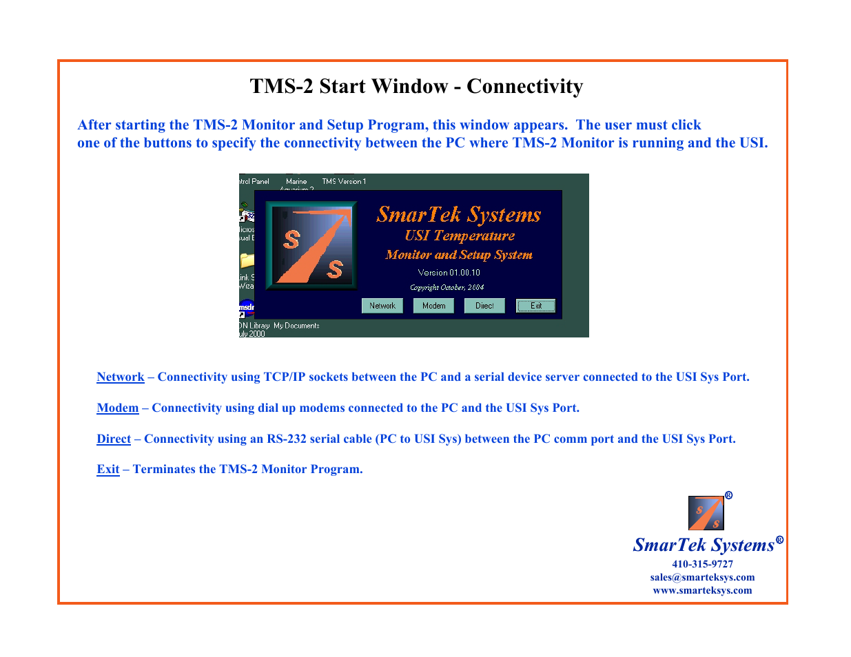 Tms-2 start window - connectivity, Smartek systems | SmarTek Systems TMS-2 User Manual | Page 8 / 18