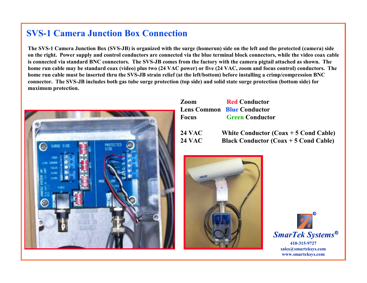 Svs-1 camera junction box connection, Smartek systems | SmarTek Systems SVS-1 User Manual | Page 2 / 5