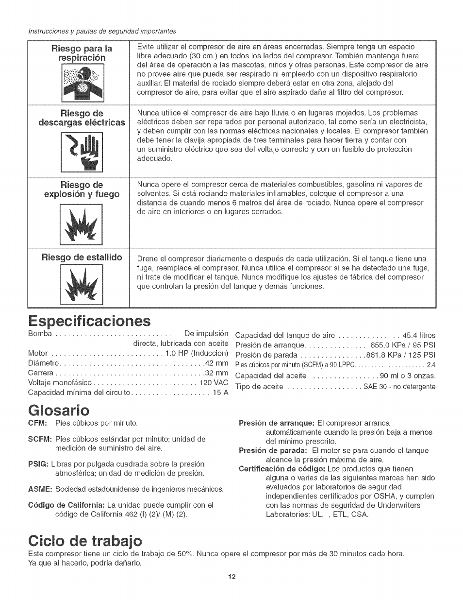 Especificaciones, Glosario, Ciclo de trabajo | Craftsman 921.166400 User Manual | Page 14 / 20