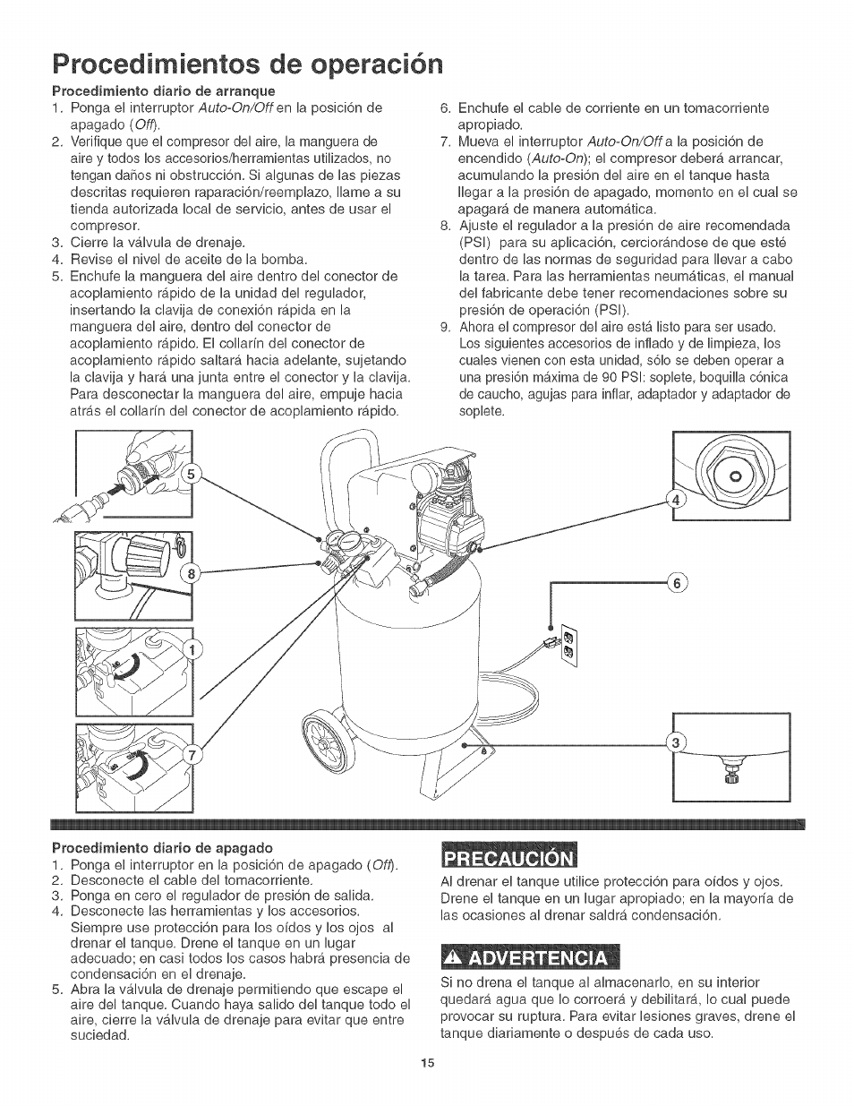 Procedimientos de operación, A advertencia | Craftsman 921.166400 User Manual | Page 17 / 20