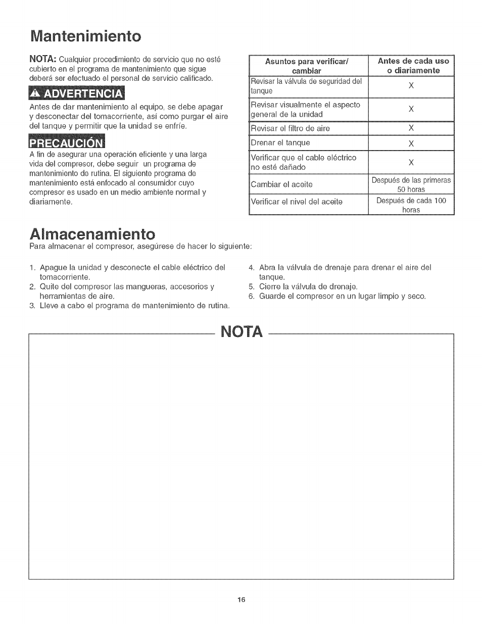 Mantenimiento, A advertencia, Almacenamiento | Craftsman 921.166400 User Manual | Page 18 / 20