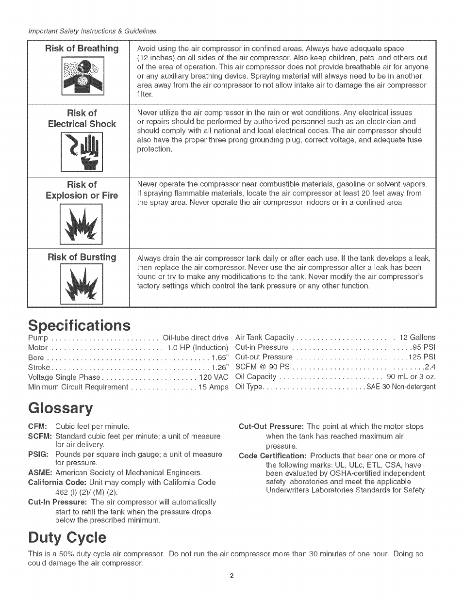 Specifications, Glossary, Duty cycle | Idjj | Craftsman 921.166400 User Manual | Page 4 / 20