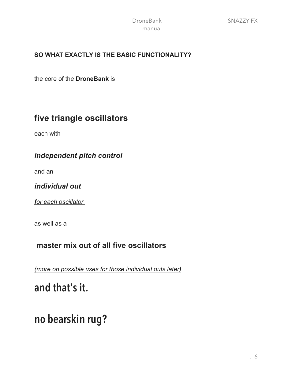And that's it, No bearskin rug | Snazzy FX DRONEBANK User Manual | Page 6 / 13