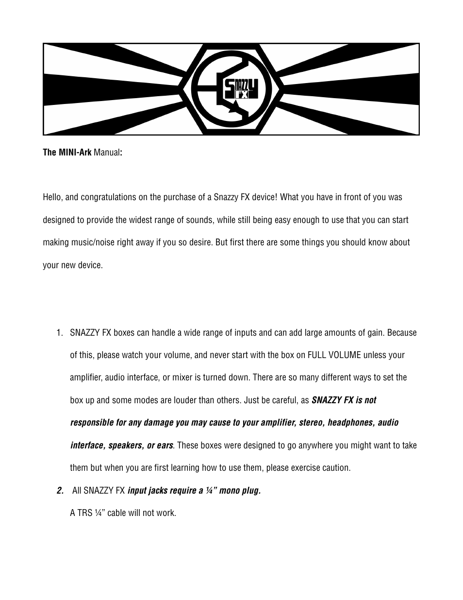 Snazzy FX MINI-ARK User Manual | 9 pages