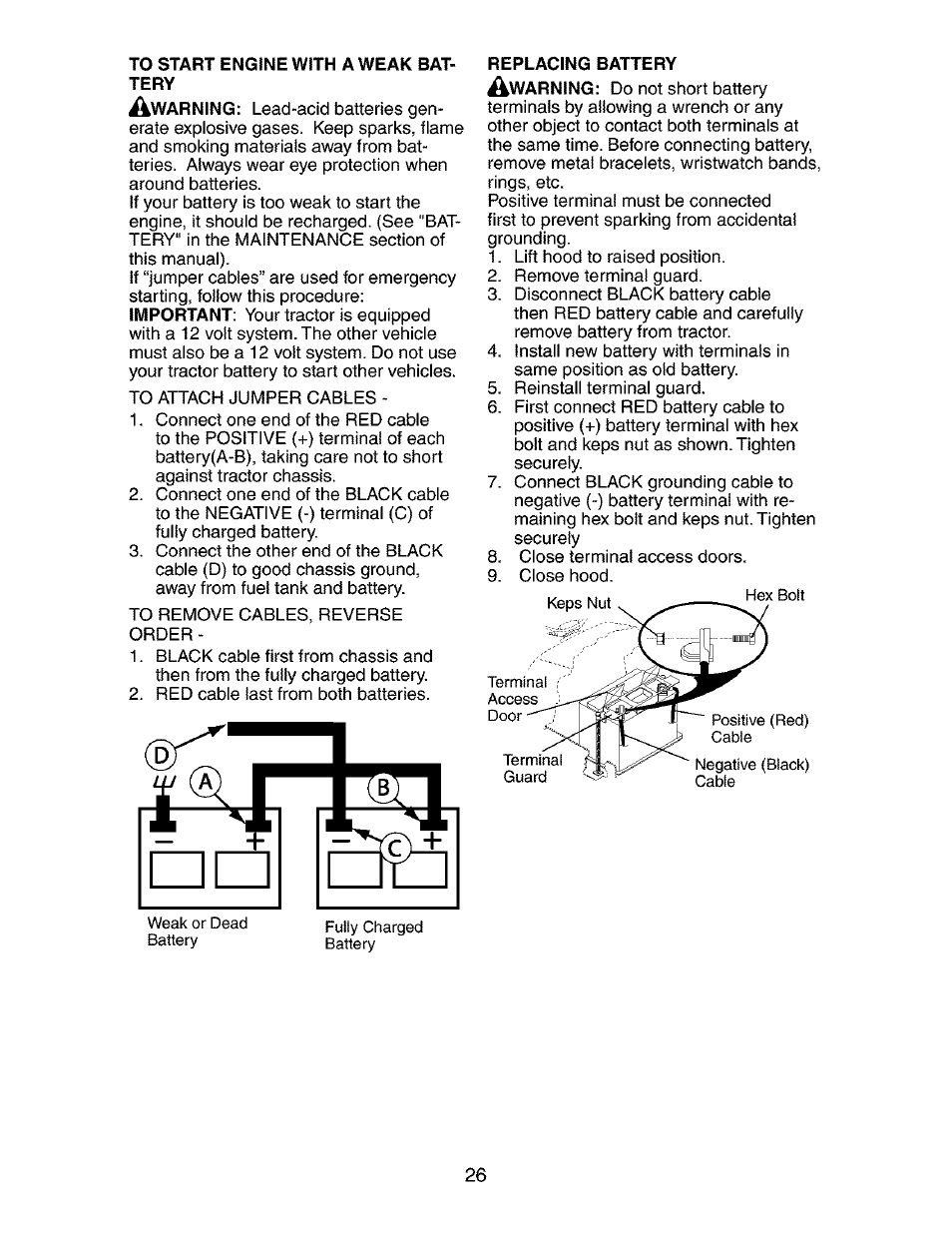 To start engine with a weak battery, Replacing battery | Craftsman 917.273481 User Manual | Page 26 / 60
