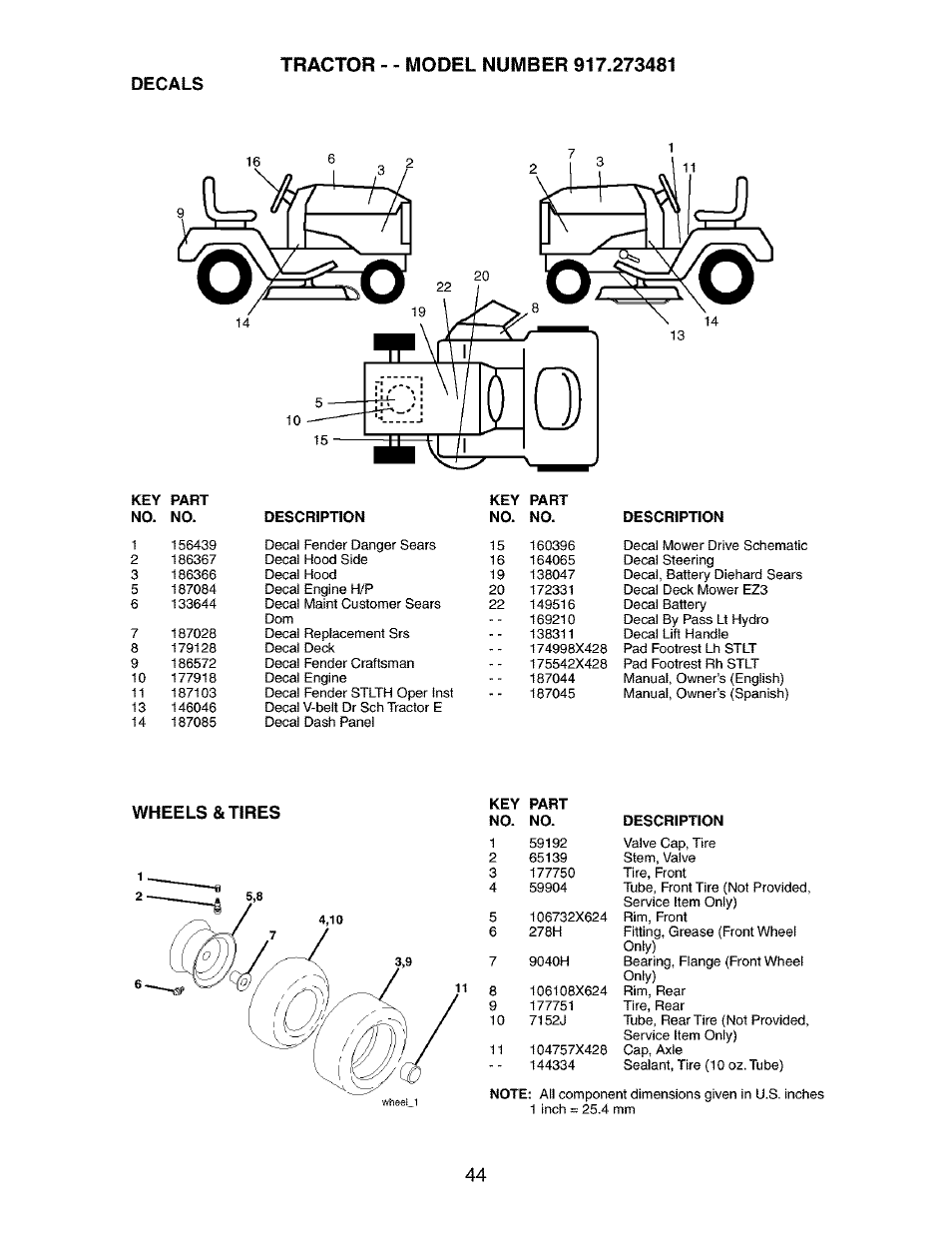 Decals, Wheels & tires | Craftsman 917.273481 User Manual | Page 44 / 60