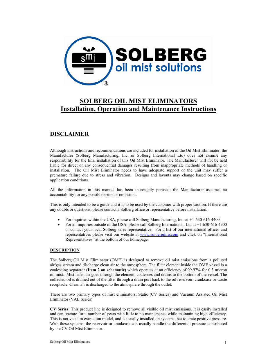 Solberg Oil Mist Eliminators User Manual | 5 pages