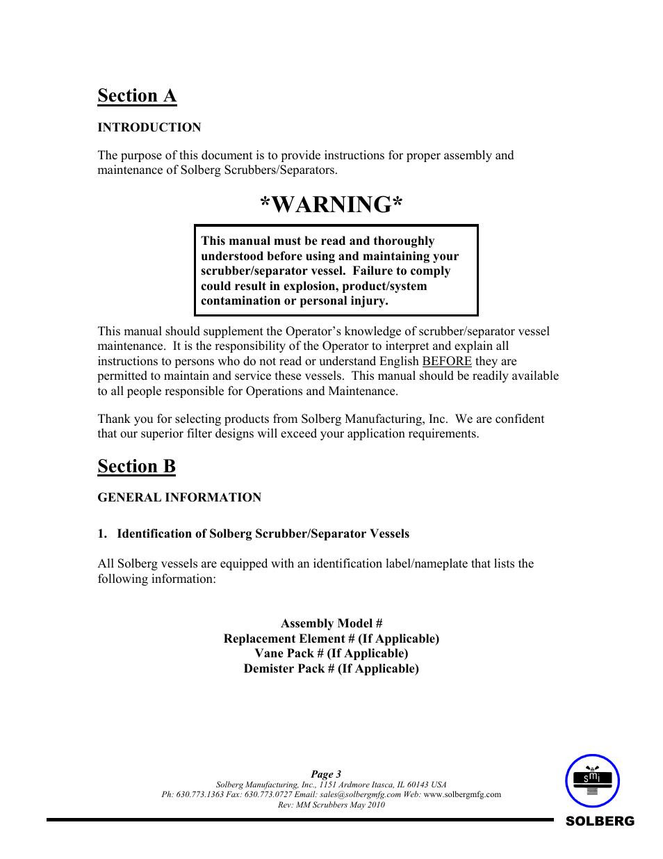 Warning | Solberg Scrubbers User Manual | Page 3 / 8