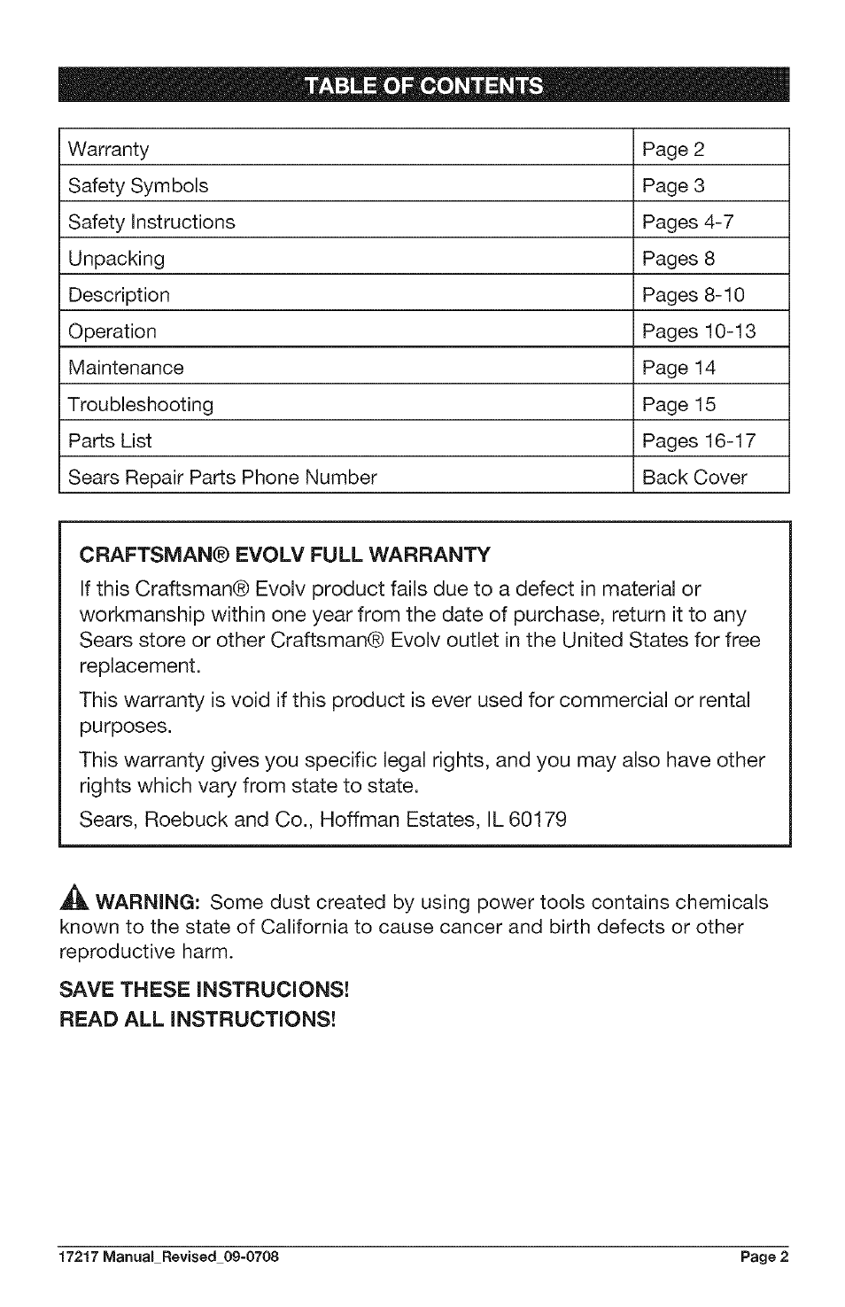 Craftsman® evolv full warranty, Save these instrucions, Read all instructions | Craftsman 320.17217 User Manual | Page 2 / 20