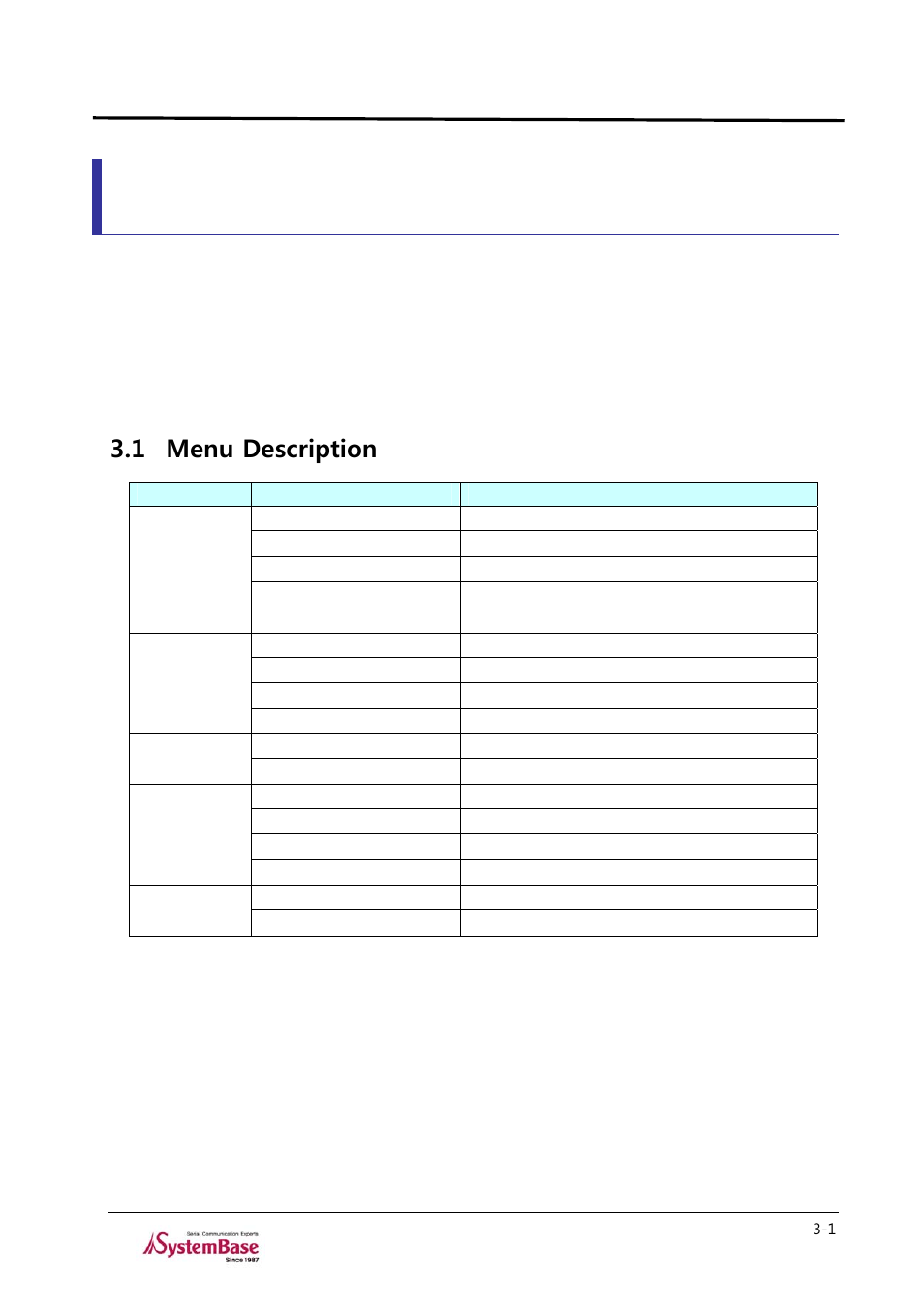 Chapter 3. menu, 1 menu description, Chapter 3 | Menu -1, Menu description -1, Testview | Solvline TestView User Manual | Page 12 / 33