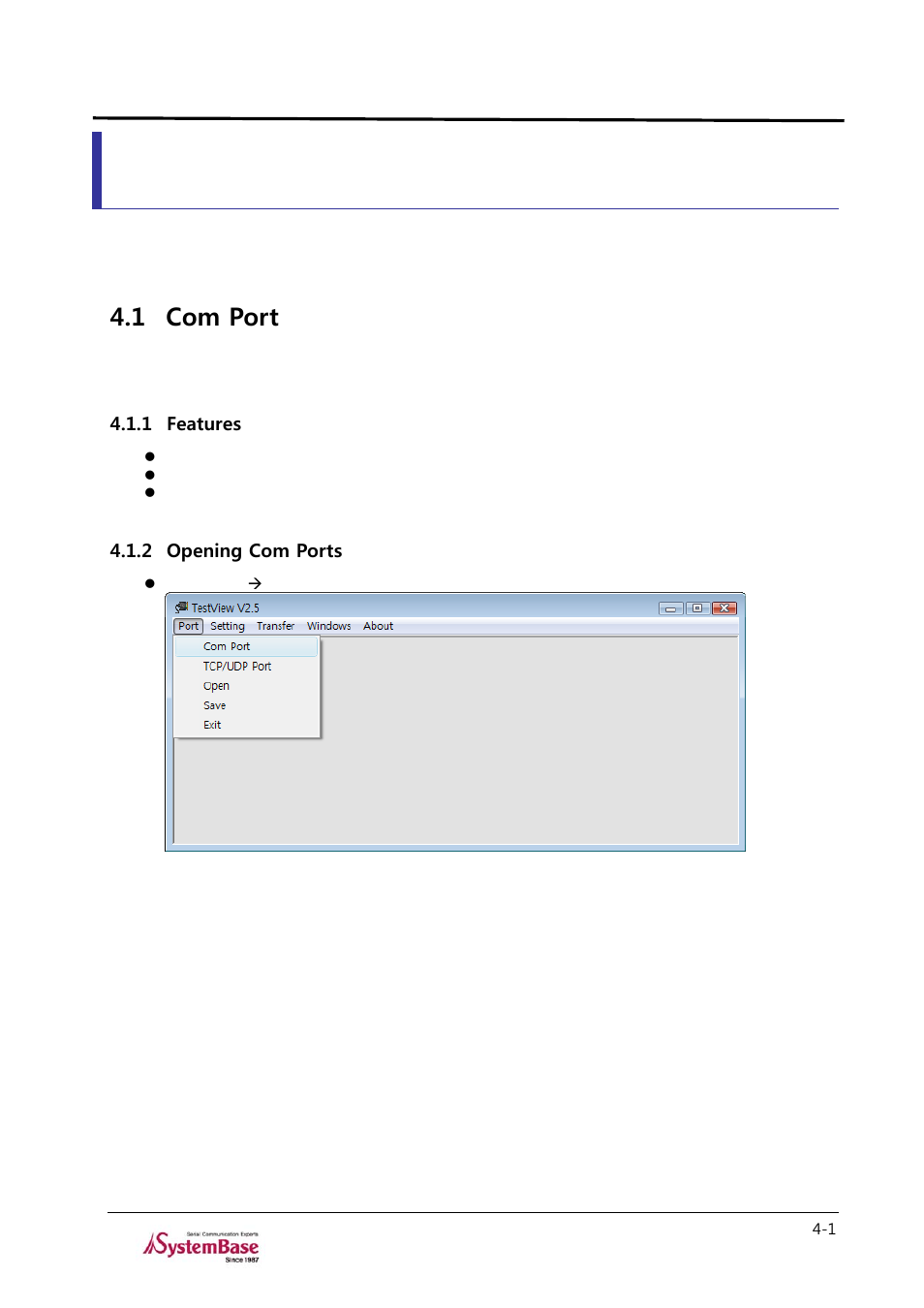 Chapter 4. port menu, 1 com port, 1 features | 2 opening com ports, Chapter 4, Port menu -1, Com port -1, Features -1, Opening com ports -1, Testview | Solvline TestView User Manual | Page 13 / 33